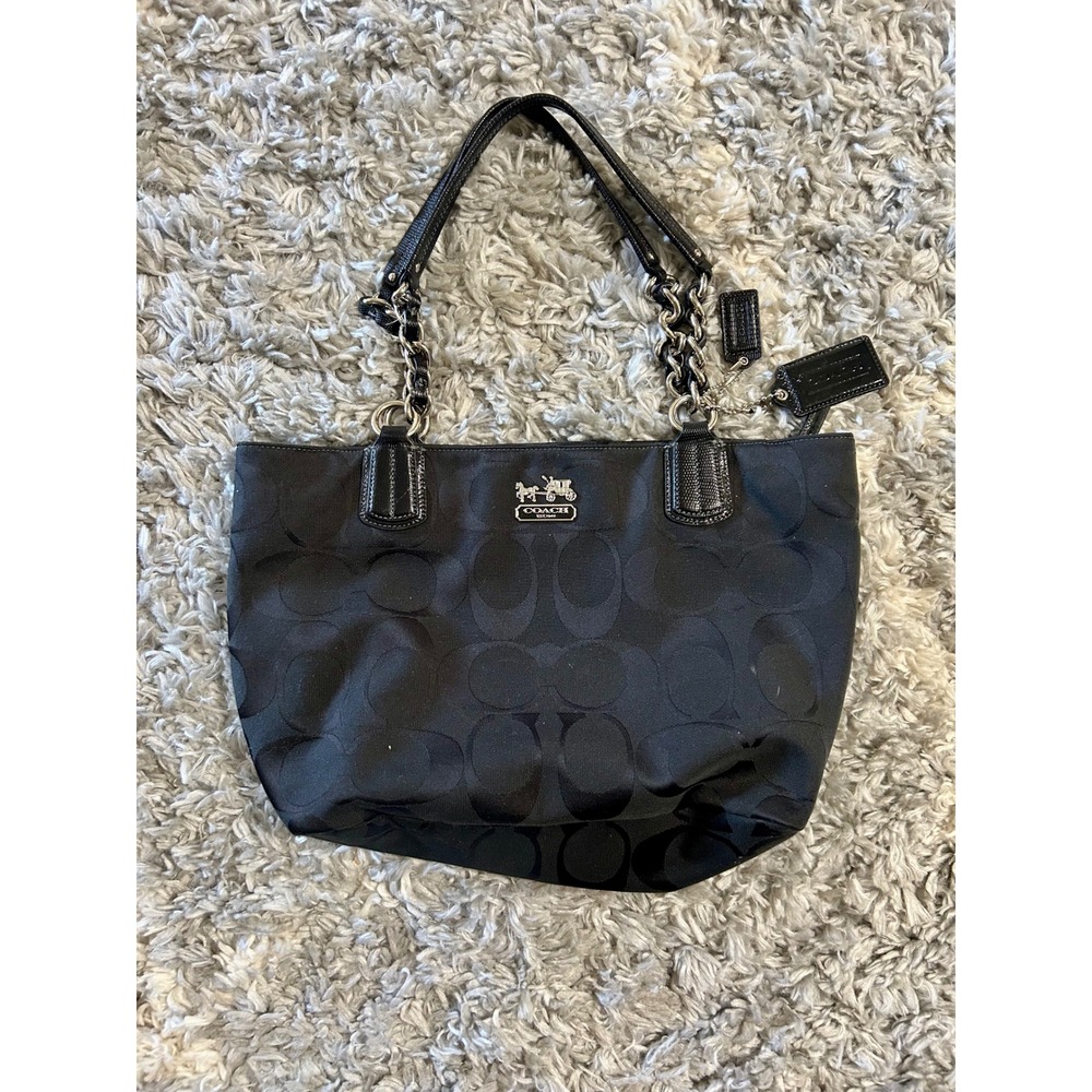 Coach Signature C Black Jacquard Tote Bag with Silver Chain Strap